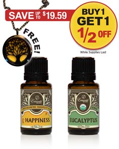 Sale: Buy 1 Happiness Essential Oil get 1 Eucalyptus half off! + FREE Necklace!